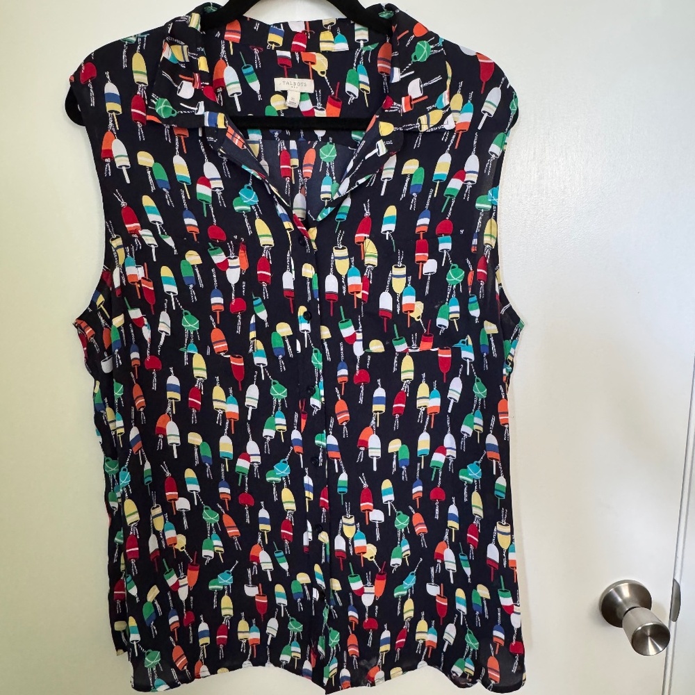 Talbots XL Sleeveless Button Down Blouse Nautical Buoy Print Top
